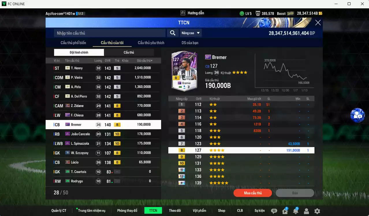 Ảnh Juventus 8.570.800b có Henry ITM+5, Pirlo ITM+5, Vieira ITM+5, Del Piero ITM+5, Zidane CC, Chiesa UT, Bremer UT, Cancelo LOL+10, Spinazzola LOL+10, Lúcio CC... Full miniface, HLV Siêu Xịn, đã đào tạo full chỉ số nhiều ct, VIP BK Tháng 1