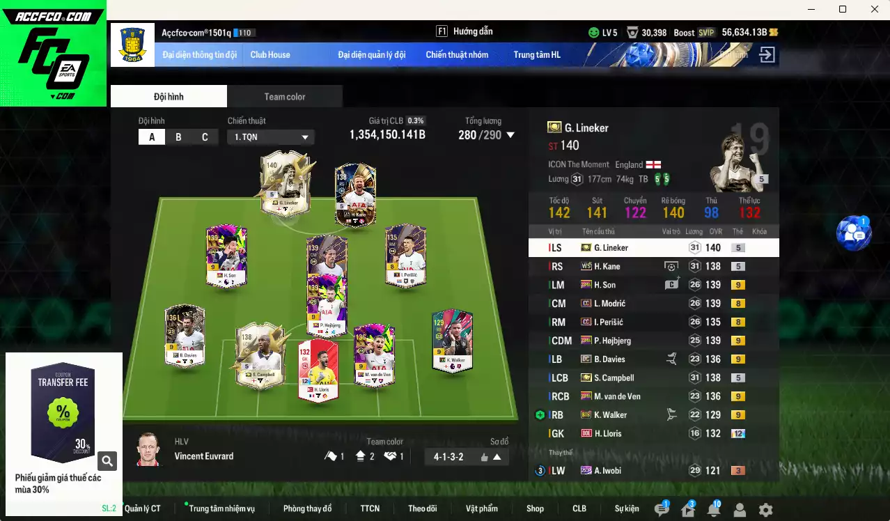 Tottenham 1.354.150b dư 50kb có Lineker ITM+5, Campbell ITM+5, H. Son 23HW+9, Lloris BOE+12, Kane WS, Walker BTB+9, Hojbjerg 23HW+9, Van de Ven 23HW+9, Modric CC, Perisic CC, B. Davies DC+9 . Full miniface, HLV Xịn, dư 110k TC