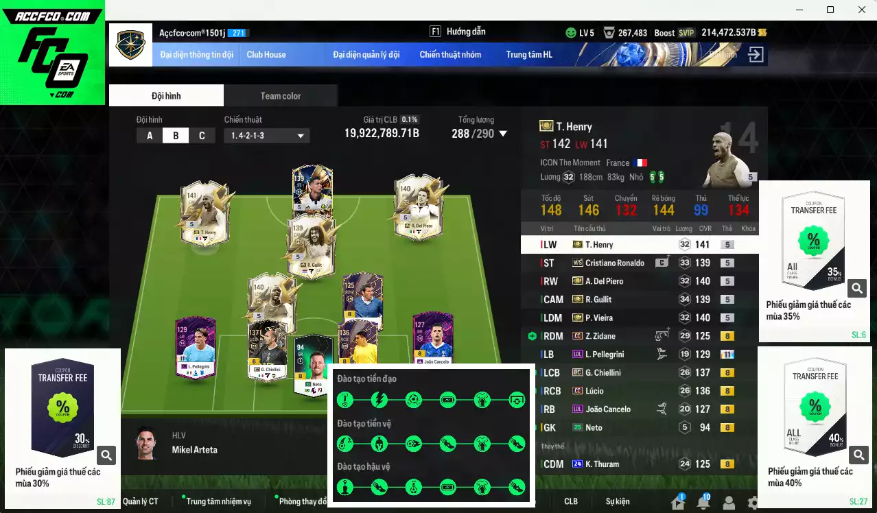 [Tặng 250 FC] Juventus 19.922.780b dư 200kb có Gullit ITM+5, Henry ITM+5, CR7 WS, Del Piero ITM+5, Vieira ITM+5, Zidane CC, Chiellini DC, Lúcio CC... Còn rất nhiều CP GIẢM THUẾ, HLV Xịn, đã full đào tạo chiến thuật vs chỉ số ct, VIP BK Tháng 2