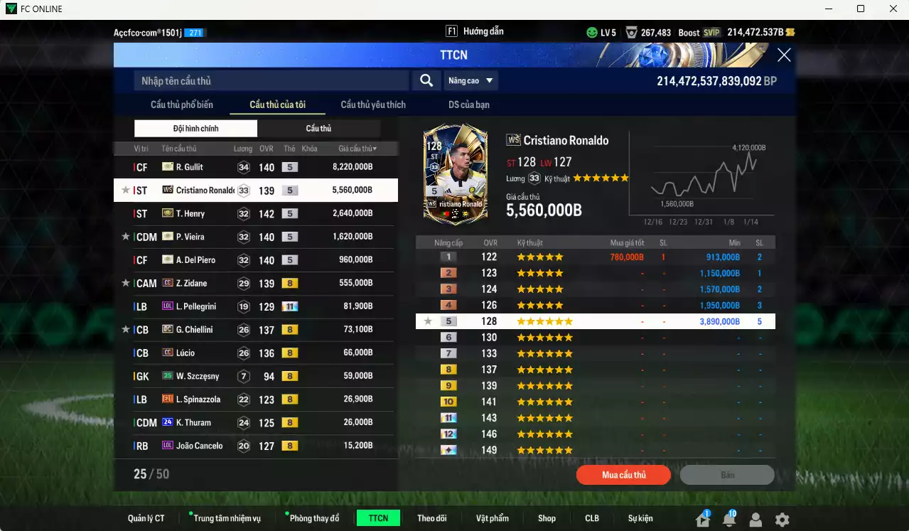 Ảnh [Tặng 250 FC] Juventus 19.922.780b dư 200kb có Gullit ITM+5, Henry ITM+5, CR7 WS, Del Piero ITM+5, Vieira ITM+5, Zidane CC, Chiellini DC, Lúcio CC... Còn rất nhiều CP GIẢM THUẾ, HLV Xịn, đã full đào tạo chiến thuật vs chỉ số ct, VIP BK Tháng 2