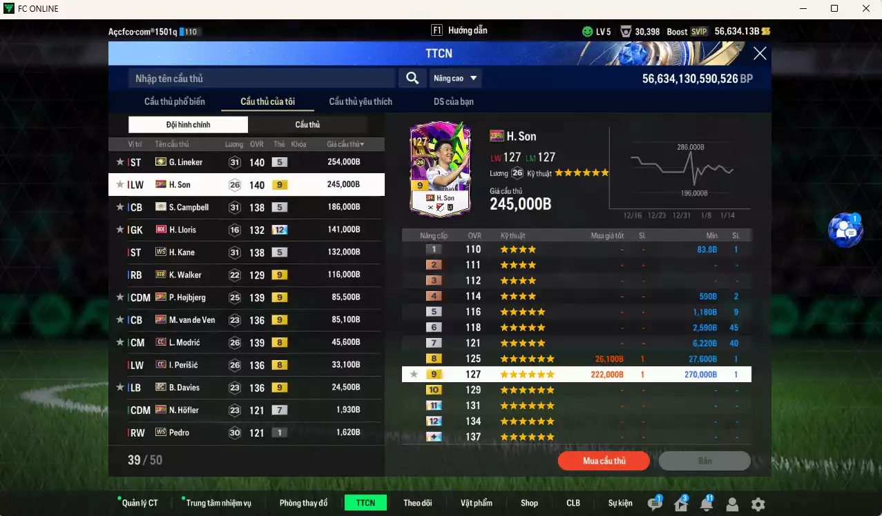 Ảnh Tottenham 1.354.150b dư 50kb có Lineker ITM+5, Campbell ITM+5, H. Son 23HW+9, Lloris BOE+12, Kane WS, Walker BTB+9, Hojbjerg 23HW+9, Van de Ven 23HW+9, Modric CC, Perisic CC, B. Davies DC+9 . Full miniface, HLV Xịn, dư 110k TC