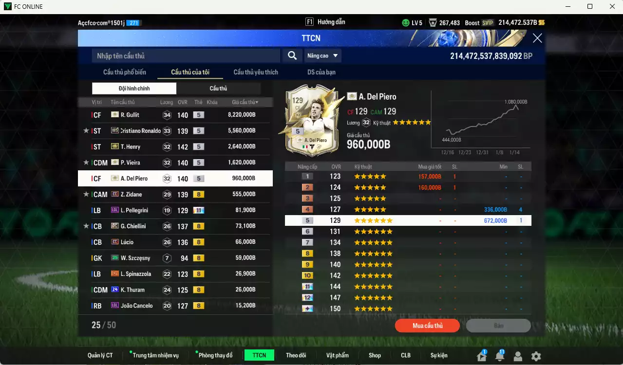 Ảnh [Tặng 250 FC] Juventus 19.922.780b dư 200kb có Gullit ITM+5, Henry ITM+5, CR7 WS, Del Piero ITM+5, Vieira ITM+5, Zidane CC, Chiellini DC, Lúcio CC... Còn rất nhiều CP GIẢM THUẾ, HLV Xịn, đã full đào tạo chiến thuật vs chỉ số ct, VIP BK Tháng 2