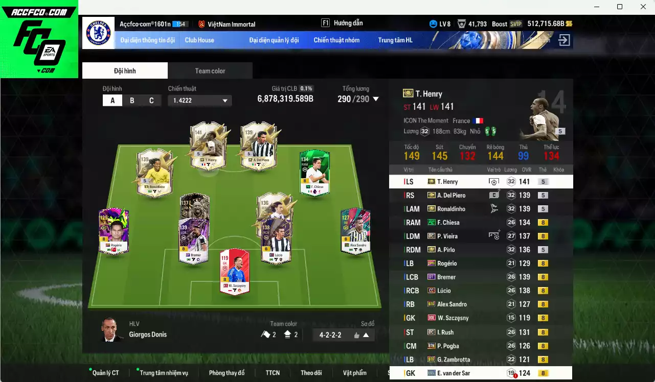 [Dư nhiều BP] Juventus 6.878.310b dư 500kb có Henry ITM+5, Ronaldinho ITM+5, Pirlo ITM+5, Del Piero ITM+5, Bremer UT, Vieira DC, Chiesa FC, Lúcio CC, Rush DC, Pogba RTN... Full miniface, HLV Xịn, đã đào tạo full chỉ số cầu thủ, dư 190k TC