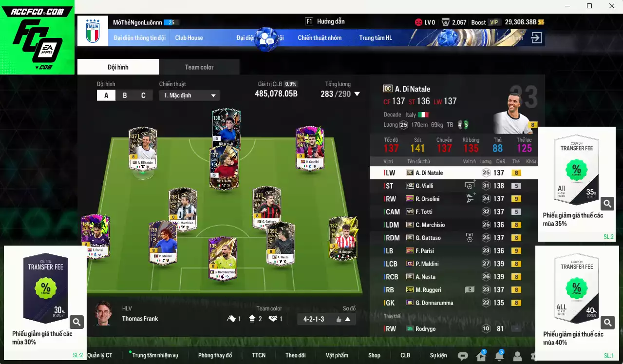 Italy 485.070b dư 29kb có Vialli FAC, Totti WS, Maldini CC, Nesta DC, Orsolini 23HW+9, Ruggeri 24EP, Parisi 23HW+9, Di Natale DC, Marchisio DC, Gattuso DC...