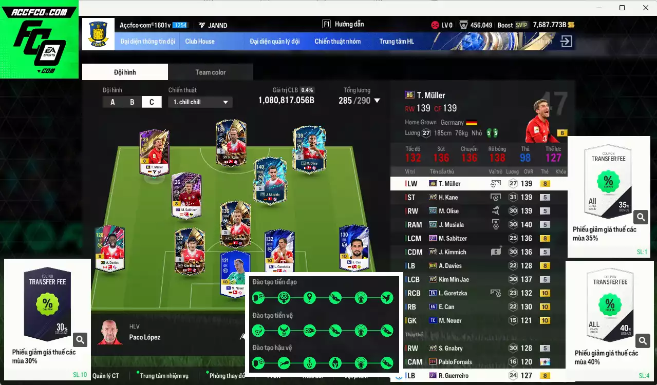 Bayern Munich 1.080.810b có Musiala 25TS, Olise 25TS, Kane WS, Kim Min Jae WS, Goretzka FA+10, Gnabry WS, Kimmich WS, Mullger HG, Sabitzer HG, Guerreiro UT... Full miniface, còn nhiều CP GIẢM THUẾ. HLV Siêu Xịn, đã full đào tạo chiến thuật, dư 270k TC