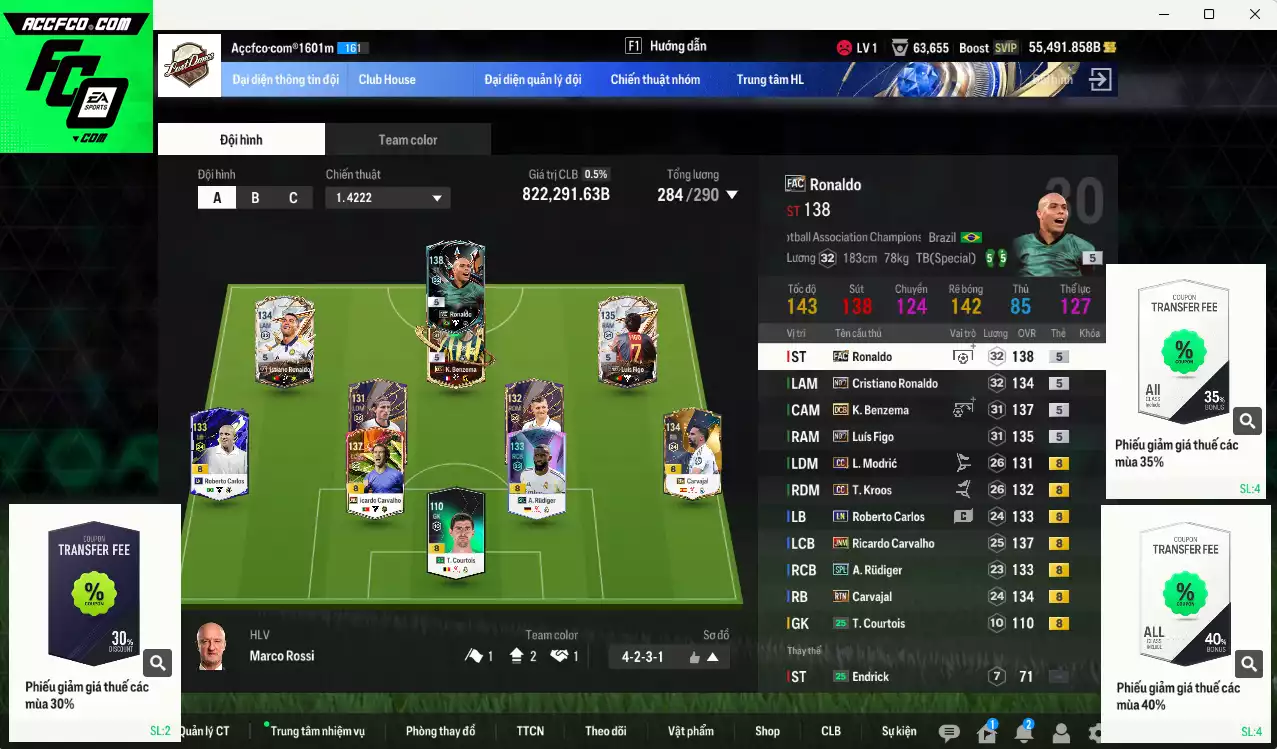 Real Madrid 822.290b dư 55kb có Ronaldo FAC, Kroos CC, CR7 No.7, Benzema DCB, Rudiger SPL, Figo No.7, Modric CC... Còn nhiều CP GIẢM THUẾ, HLV Xịn, đã đào tạo full chỉ số cầu thủ vs nữa bảng chiến thuật
