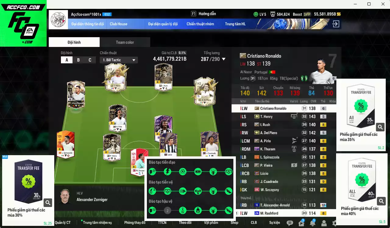 [Tặng 200FC, 200MC] Juventus 4.461.770b dư 50kb có Henry ITM+5, Del Piero ITM+5, CR7 BLD+7 (fix BP), Vieira DC, Pirlo DC, Lúcio CC, Rush DC, K. Thuram UT... Full miniface, còn nhiều CP GIẢM THUẾ. HLV Xịn, đã full đào tạo chiến thuật