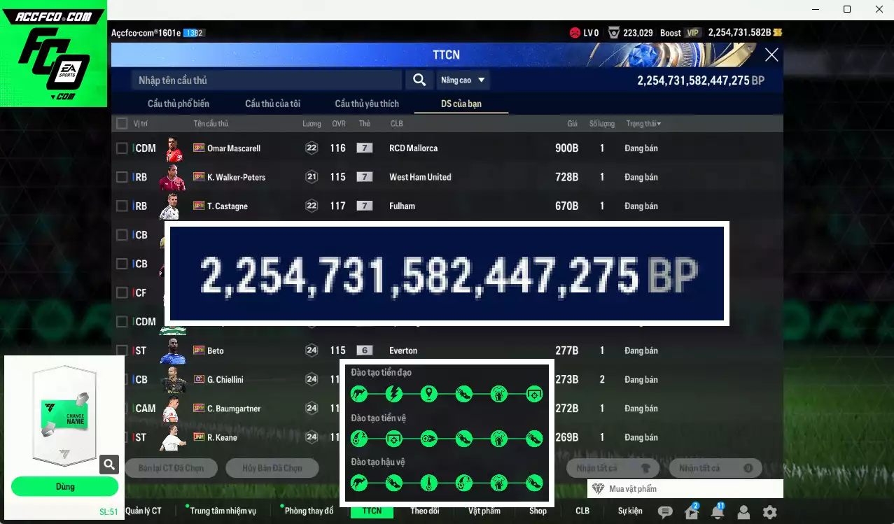 ACC 2254731b trắng, có thẻ đổi tên, full miniface, còn CP GIẢM THUẾ. HLV Xịn, đã full đào tạo chiến thuật