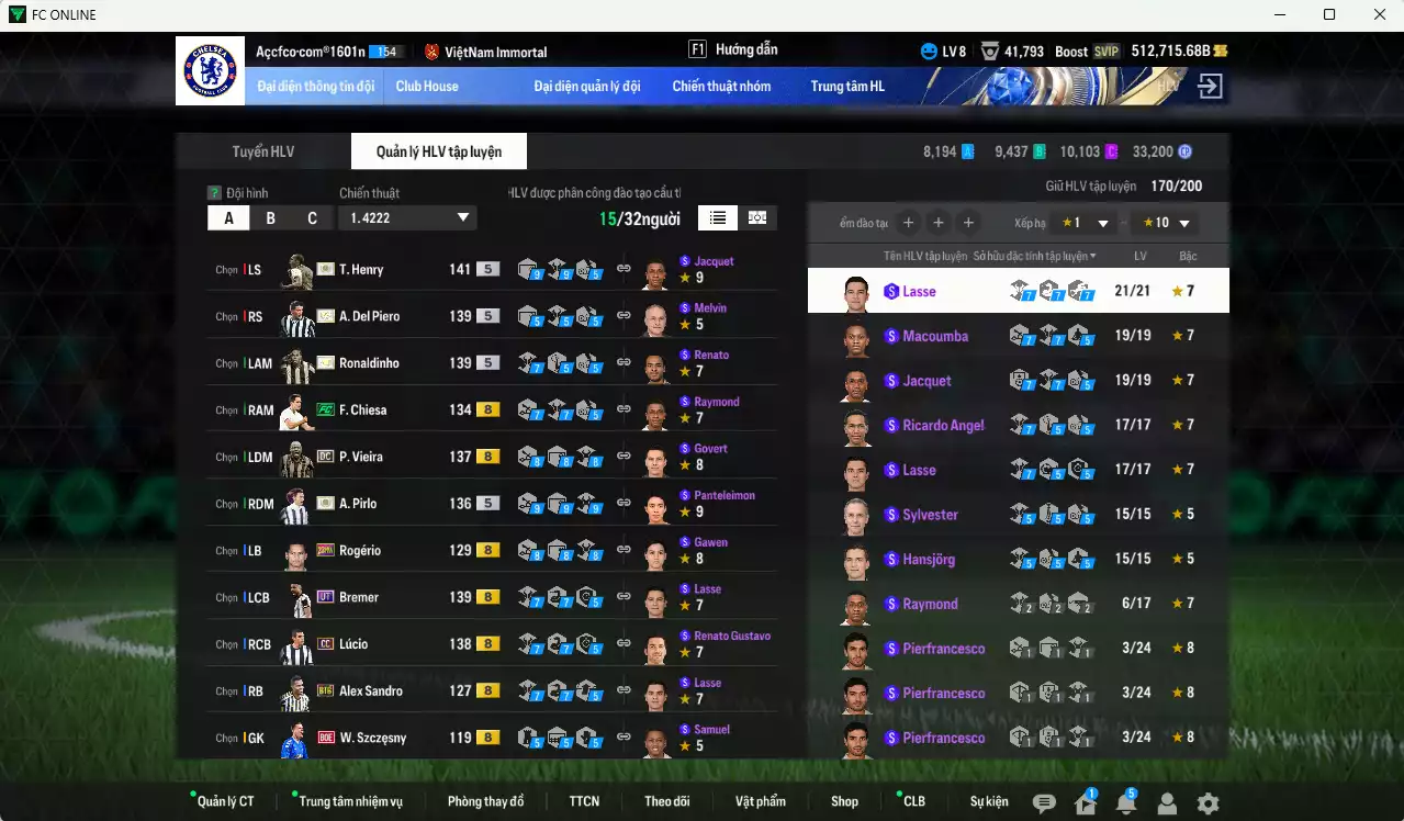 Ảnh [Dư nhiều BP] Juventus 6.878.310b dư 500kb có Henry ITM+5, Ronaldinho ITM+5, Pirlo ITM+5, Del Piero ITM+5, Bremer UT, Vieira DC, Chiesa FC, Lúcio CC, Rush DC, Pogba RTN... Full miniface, HLV Xịn, đã đào tạo full chỉ số cầu thủ, dư 190k TC