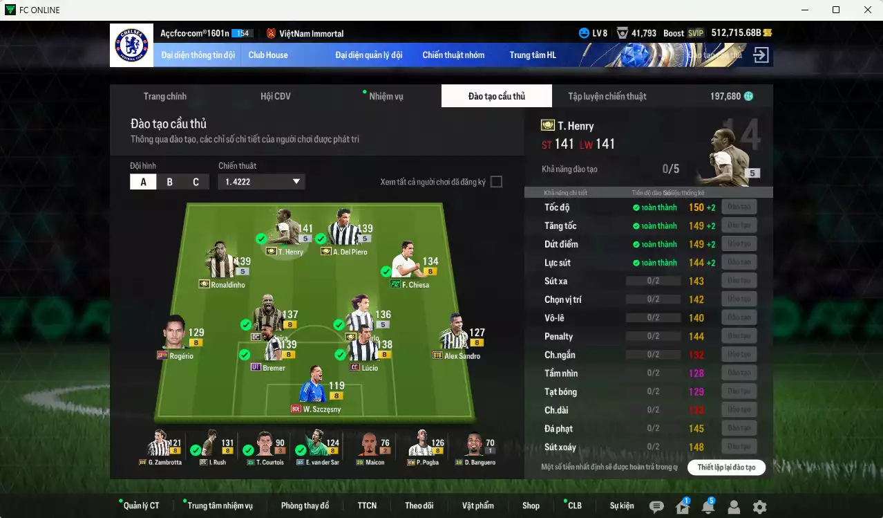 Ảnh [Dư nhiều BP] Juventus 6.878.310b dư 500kb có Henry ITM+5, Ronaldinho ITM+5, Pirlo ITM+5, Del Piero ITM+5, Bremer UT, Vieira DC, Chiesa FC, Lúcio CC, Rush DC, Pogba RTN... Full miniface, HLV Xịn, đã đào tạo full chỉ số cầu thủ, dư 190k TC