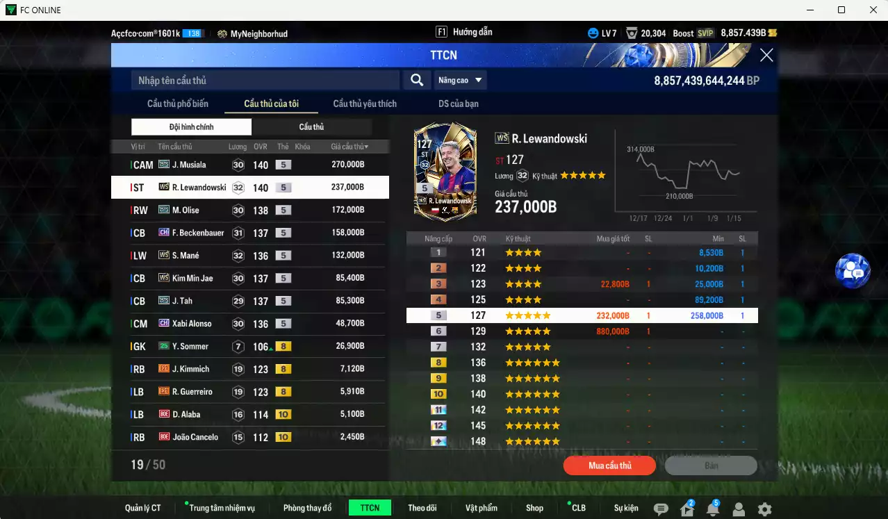 Ảnh Bayern Munich 1.235.950b có Musiala 25TS, Lewandowski WS, Olise 25TS, Beckenbauer CH, Mané WS, Kim Min Jae WS, Tah 25TS, Alonso CH... HLV Xịn, đã đào tạo full chỉ số nhiều cầu thủ. VIP BK Tháng 2