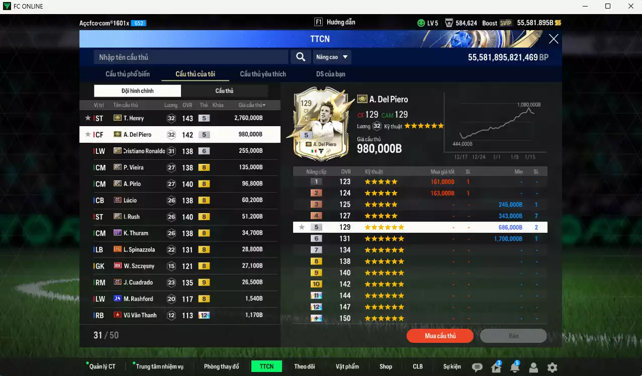 Ảnh [Tặng 200FC, 200MC] Juventus 4.461.770b dư 50kb có Henry ITM+5, Del Piero ITM+5, CR7 BLD+7 (fix BP), Vieira DC, Pirlo DC, Lúcio CC, Rush DC, K. Thuram UT... Full miniface, còn nhiều CP GIẢM THUẾ. HLV Xịn, đã full đào tạo chiến thuật