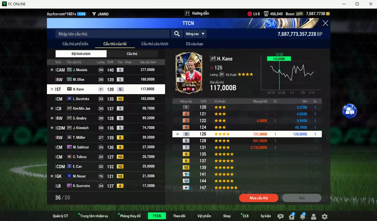 Ảnh Bayern Munich 1.080.810b có Musiala 25TS, Olise 25TS, Kane WS, Kim Min Jae WS, Goretzka FA+10, Gnabry WS, Kimmich WS, Mullger HG, Sabitzer HG, Guerreiro UT... Full miniface, còn nhiều CP GIẢM THUẾ. HLV Siêu Xịn, đã full đào tạo chiến thuật, dư 270k TC