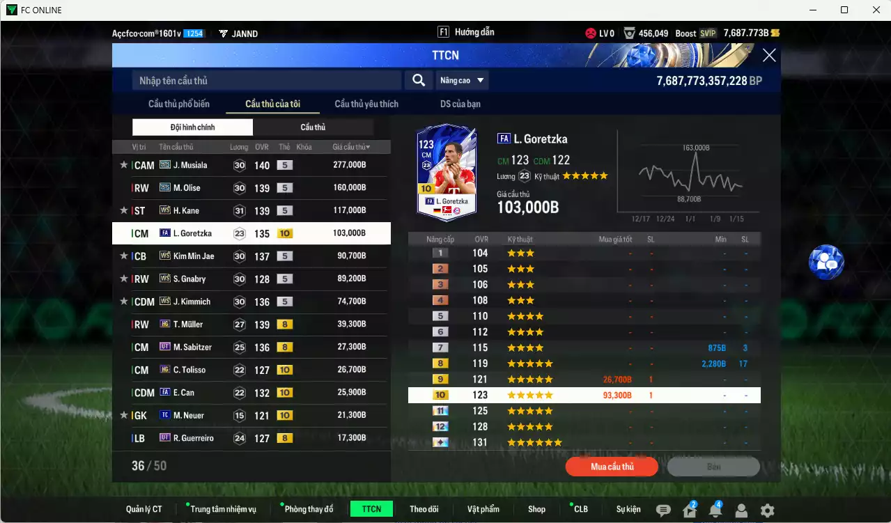 Ảnh Bayern Munich 1.080.810b có Musiala 25TS, Olise 25TS, Kane WS, Kim Min Jae WS, Goretzka FA+10, Gnabry WS, Kimmich WS, Mullger HG, Sabitzer HG, Guerreiro UT... Full miniface, còn nhiều CP GIẢM THUẾ. HLV Siêu Xịn, đã full đào tạo chiến thuật, dư 270k TC