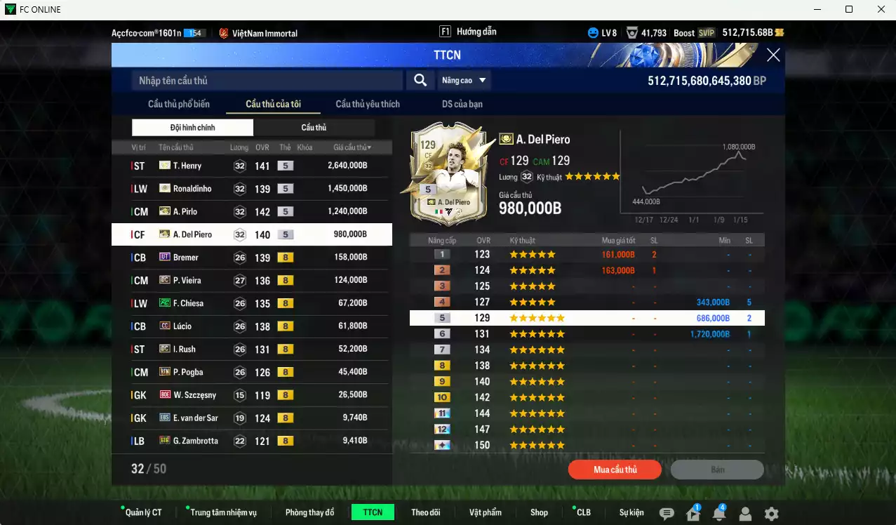 Ảnh [Dư nhiều BP] Juventus 6.878.310b dư 500kb có Henry ITM+5, Ronaldinho ITM+5, Pirlo ITM+5, Del Piero ITM+5, Bremer UT, Vieira DC, Chiesa FC, Lúcio CC, Rush DC, Pogba RTN... Full miniface, HLV Xịn, đã đào tạo full chỉ số cầu thủ, dư 190k TC