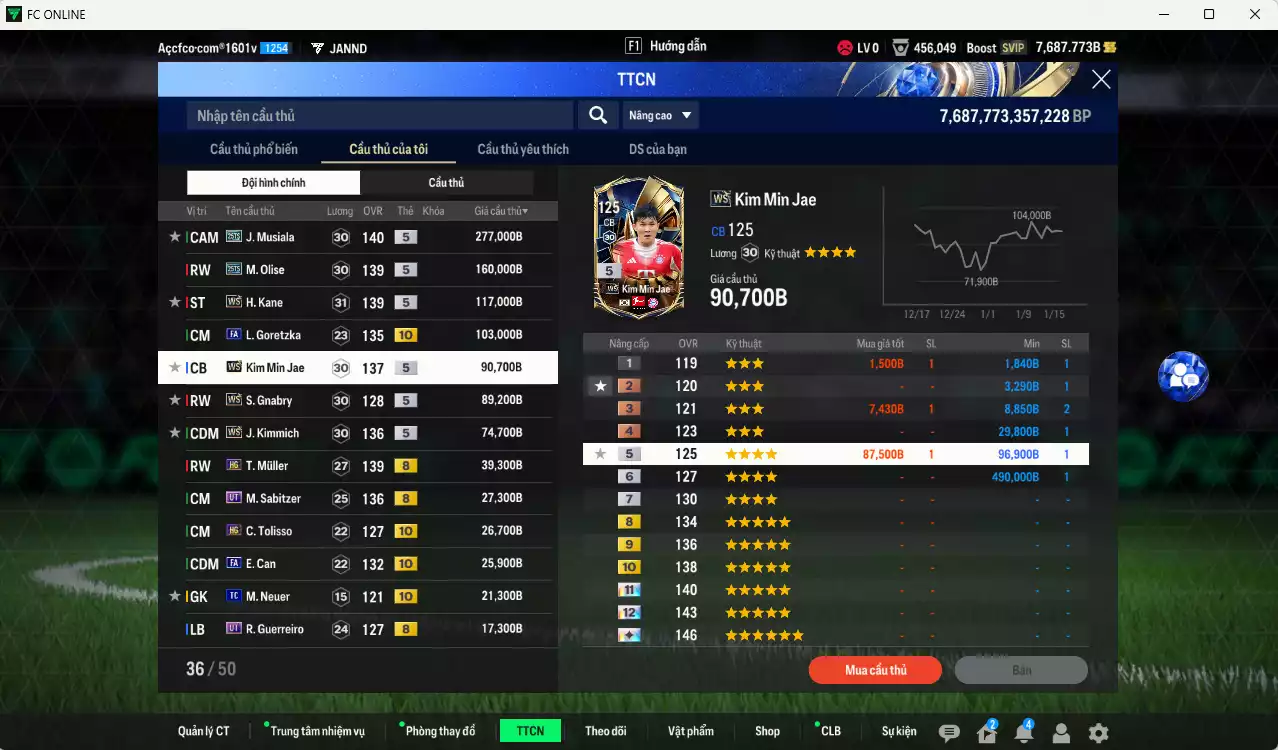 Ảnh Bayern Munich 1.080.810b có Musiala 25TS, Olise 25TS, Kane WS, Kim Min Jae WS, Goretzka FA+10, Gnabry WS, Kimmich WS, Mullger HG, Sabitzer HG, Guerreiro UT... Full miniface, còn nhiều CP GIẢM THUẾ. HLV Siêu Xịn, đã full đào tạo chiến thuật, dư 270k TC