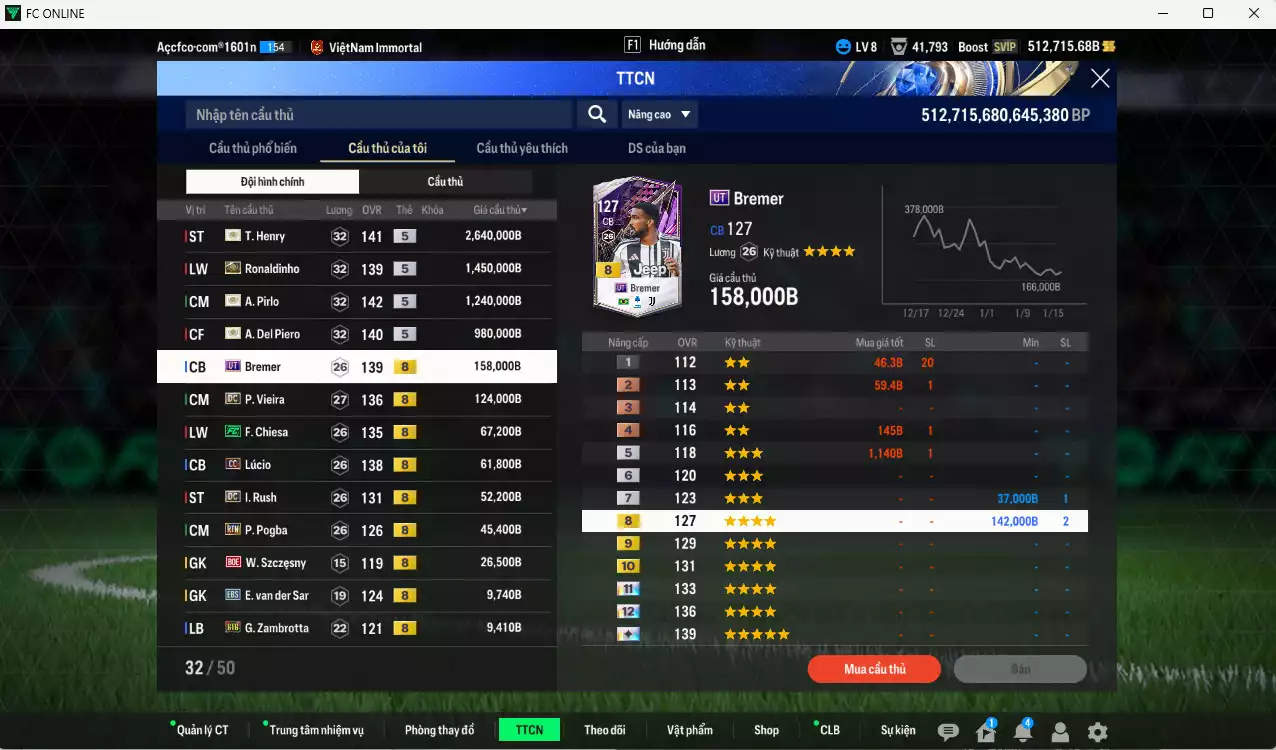 Ảnh [Dư nhiều BP] Juventus 6.878.310b dư 500kb có Henry ITM+5, Ronaldinho ITM+5, Pirlo ITM+5, Del Piero ITM+5, Bremer UT, Vieira DC, Chiesa FC, Lúcio CC, Rush DC, Pogba RTN... Full miniface, HLV Xịn, đã đào tạo full chỉ số cầu thủ, dư 190k TC