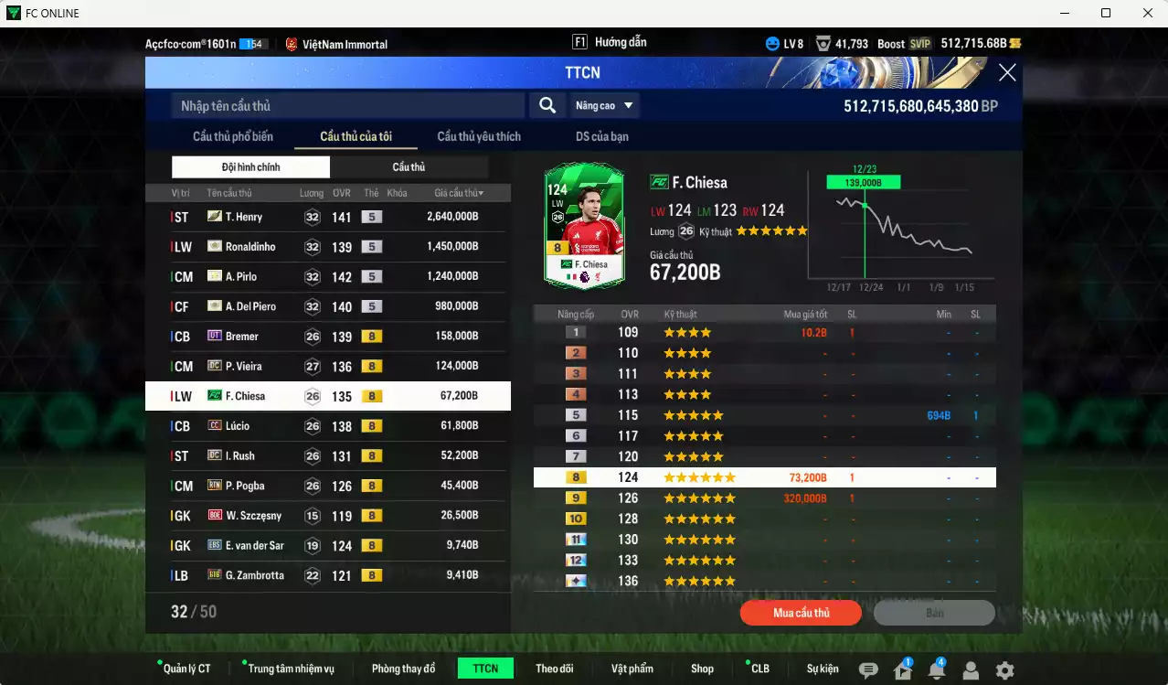 Ảnh [Dư nhiều BP] Juventus 6.878.310b dư 500kb có Henry ITM+5, Ronaldinho ITM+5, Pirlo ITM+5, Del Piero ITM+5, Bremer UT, Vieira DC, Chiesa FC, Lúcio CC, Rush DC, Pogba RTN... Full miniface, HLV Xịn, đã đào tạo full chỉ số cầu thủ, dư 190k TC