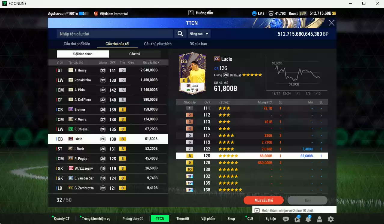 Ảnh [Dư nhiều BP] Juventus 6.878.310b dư 500kb có Henry ITM+5, Ronaldinho ITM+5, Pirlo ITM+5, Del Piero ITM+5, Bremer UT, Vieira DC, Chiesa FC, Lúcio CC, Rush DC, Pogba RTN... Full miniface, HLV Xịn, đã đào tạo full chỉ số cầu thủ, dư 190k TC