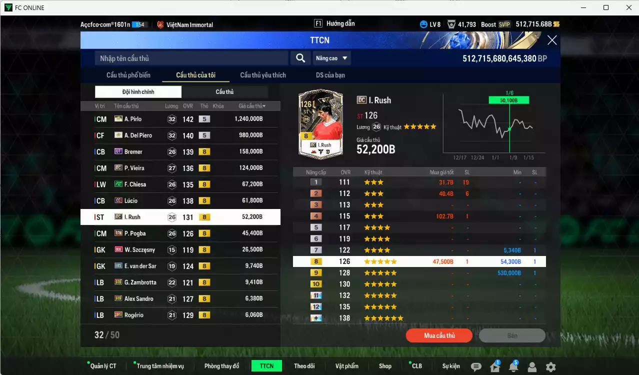 Ảnh [Dư nhiều BP] Juventus 6.878.310b dư 500kb có Henry ITM+5, Ronaldinho ITM+5, Pirlo ITM+5, Del Piero ITM+5, Bremer UT, Vieira DC, Chiesa FC, Lúcio CC, Rush DC, Pogba RTN... Full miniface, HLV Xịn, đã đào tạo full chỉ số cầu thủ, dư 190k TC