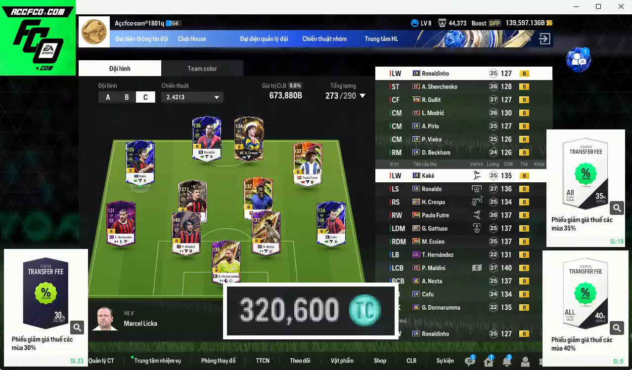 AC Milan 673.880b dư 139kb có Ronaldo LN, Crespo BDO, Kaká LN, Maldini CC, Ronaldinho LN, Gullit RTN, Essien JNM, Futre JNM, Gattuso DC... Còn nhiều CP GIẢM THUẾ, HLV Xịn, dư 320k TC