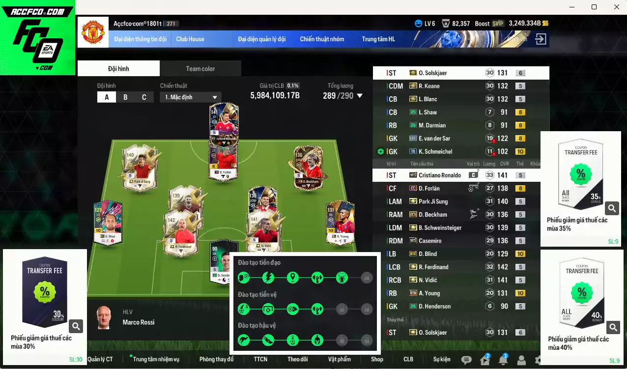 Man Utd. 5.984.100b có CR7 WS, Ferdinand ITM+5, Vidic ITM+5, Schweinsteiger ITM+5, Blanc ITM+5, Keane ITM+5, Park ITM+5, Ole ITM+6, Forlán CC, Casemiro WS, Beckham DCB... Full miniface, còn nhiều CP GIẢM THUẾ. HLV Xịn, gần full đào tạo chiến thuậ vs chỉ số ct