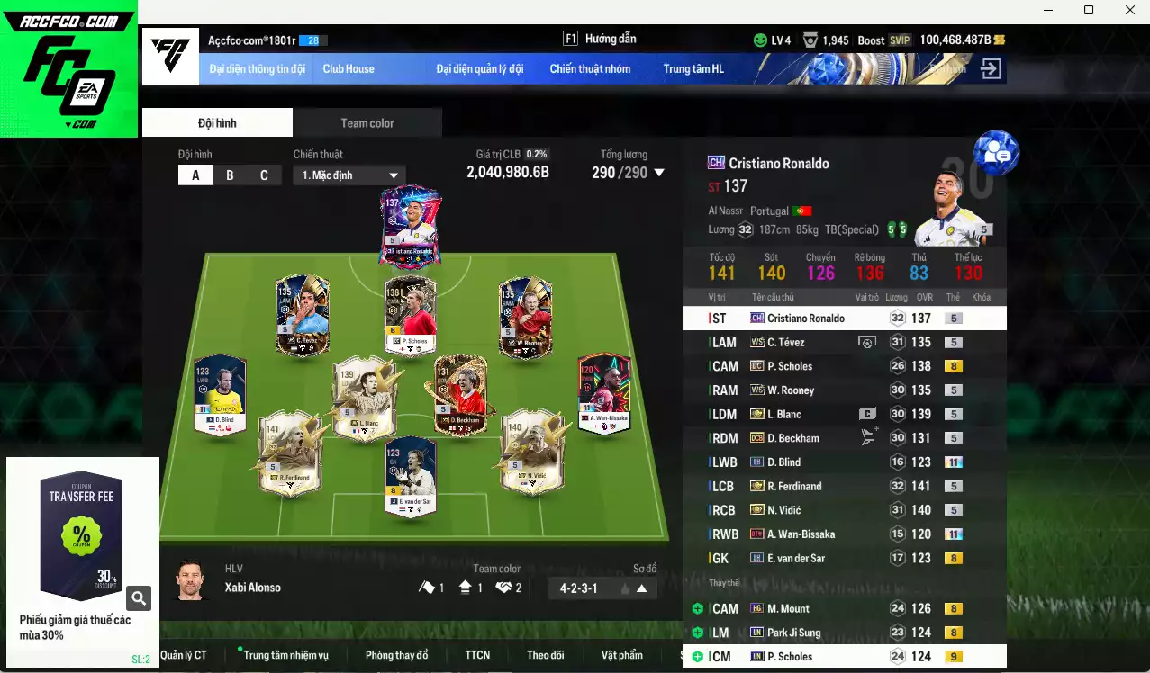 [Tặng 100FC] Man Utd. 2.040.980b dư 100kb có Ferdinand ITM+5, Vidic ITM+5, Blanc ITM+5, CR7 CH, Beckham DCB, Tévez WS, Scholes DC, Rooney WS...