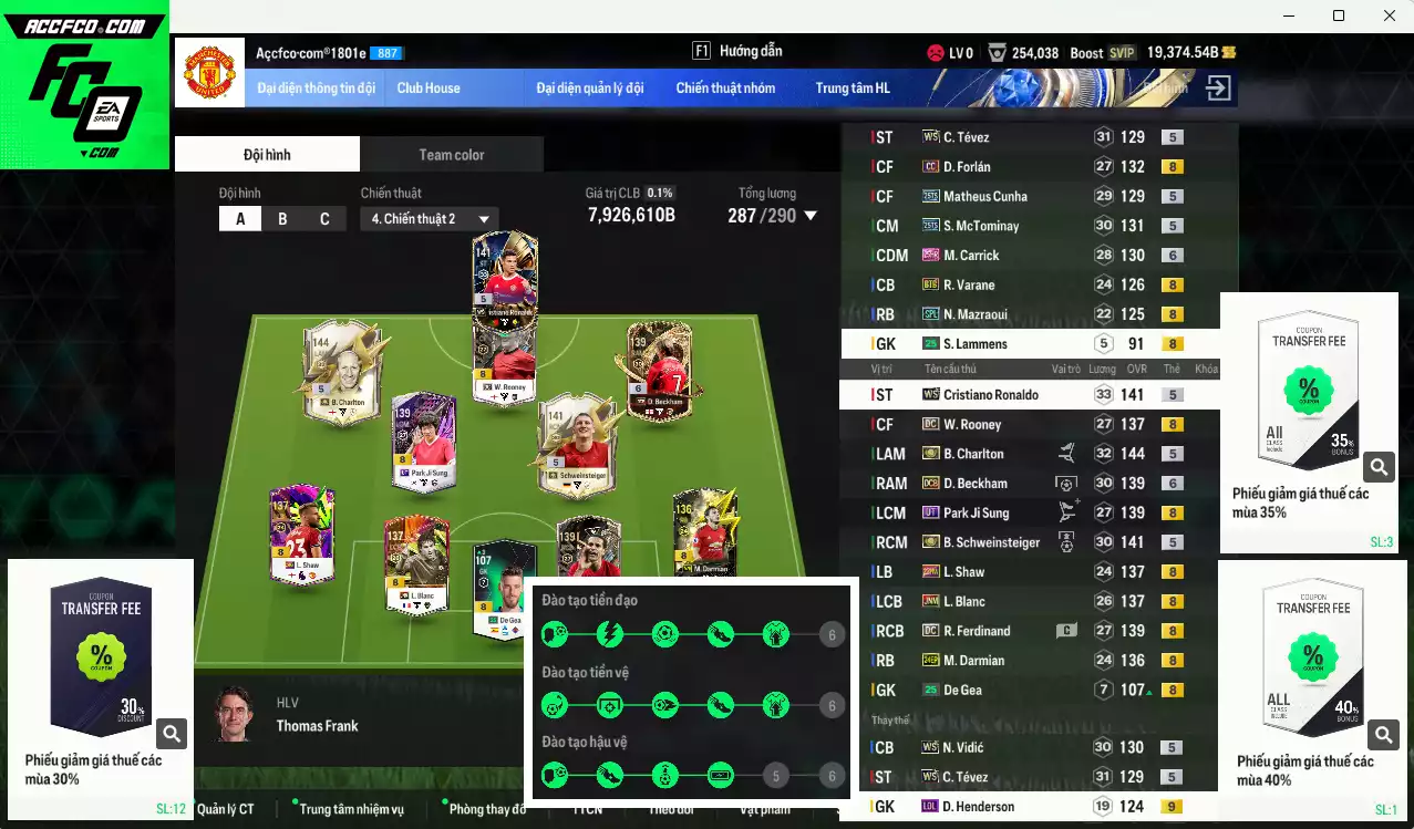 Man Utd. 7.926.610b có Charlton ITM+5, CR7 WS, Schweinsteiger ITM+5, Beckham DCB+6, Park UT, Varane BTB, McTominay 25TS, Forlán CC, Ferdinand DC, Darmian 24EP, Cunha 25TS, Rooney DC... Full miniface, còn nhiều thẻ BV NCL. HLV Xịn, đẫ full đào tạo chỉ số cầu thủ vs gần full đào tạo chiến thuật