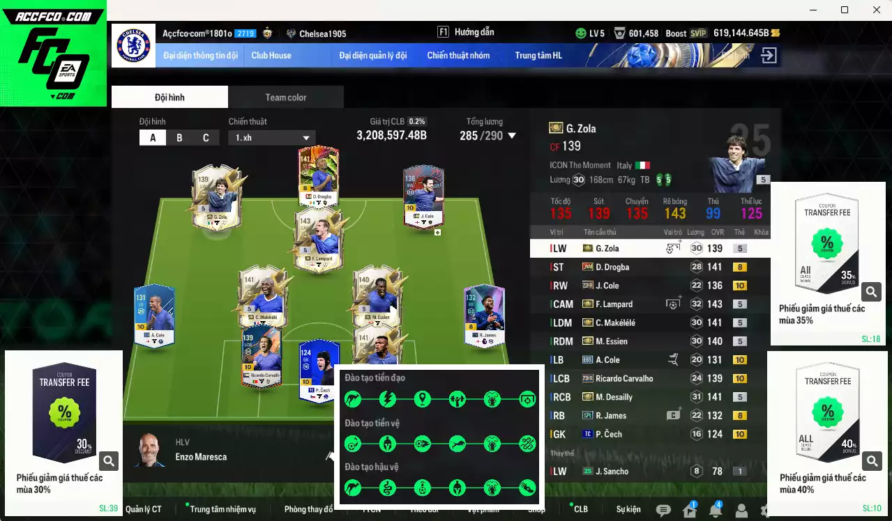 [Dư nhiều BP] Chelsea 3.208.590b dư 600kb có Lampard ITM+5, Essien ITM+5, Desailly ITM+5, Makélélé ITM+5, Zola ITM+5, Drogba JNM, Ricardo Carvalho 23HR+10, A. Cole EBS+10, J. Cole 23HR+10... Full miniface, còn nhiều CP GIẢM THUẾ. HLV Xịn, đã full đào tạo chiến thuật vs chỉ số cầu thủ