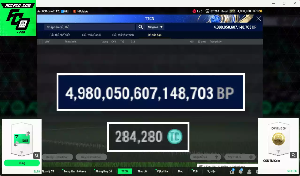 [Tặng 1160coin TM vs Công Phượng PRM] ACC 4980050b trắng, có thẻ đổi tên, full miniface. HLV Siêu Xịn, dư 280k TC