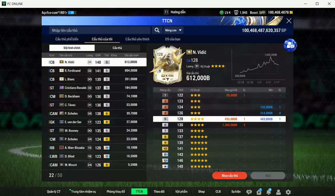 Ảnh [Tặng 100FC] Man Utd. 2.040.980b dư 100kb có Ferdinand ITM+5, Vidic ITM+5, Blanc ITM+5, CR7 CH, Beckham DCB, Tévez WS, Scholes DC, Rooney WS...