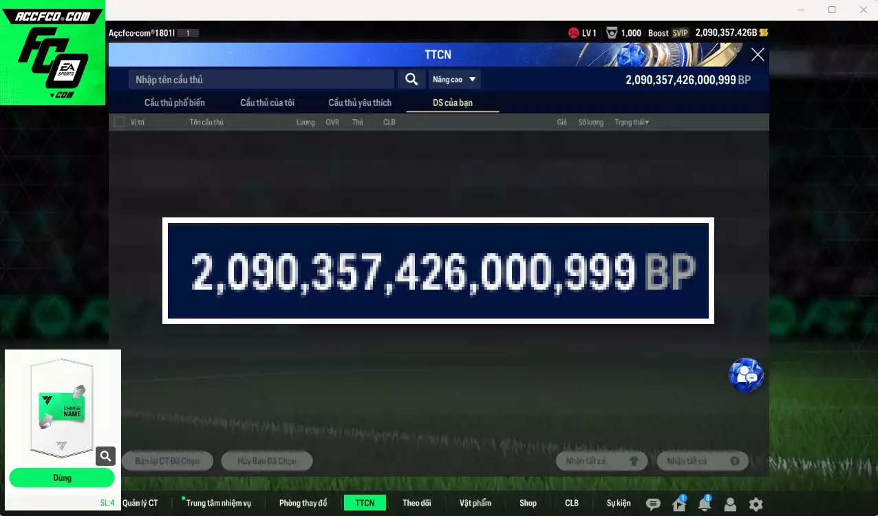 ACC 2090357b trắng, có thẻ đổi tên, còn CP GIẢM THUẾ