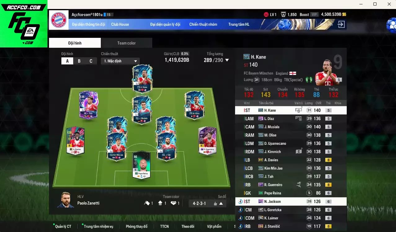 Bayern Munich 1.419.620b có Kane 25TS, Musiala 25TS, Kimmich 25TS, Olise 25TS, Kim Min Jae 25TS, Upamecano 25TS, Tah 25TS, Goretzka FC+6, Díaz 25DP, Jackson 25DP...