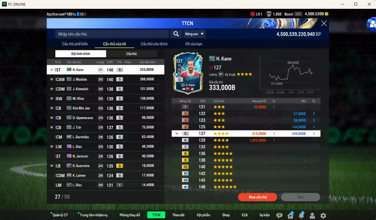 Ảnh Bayern Munich 1.419.620b có Kane 25TS, Musiala 25TS, Kimmich 25TS, Olise 25TS, Kim Min Jae 25TS, Upamecano 25TS, Tah 25TS, Goretzka FC+6, Díaz 25DP, Jackson 25DP...