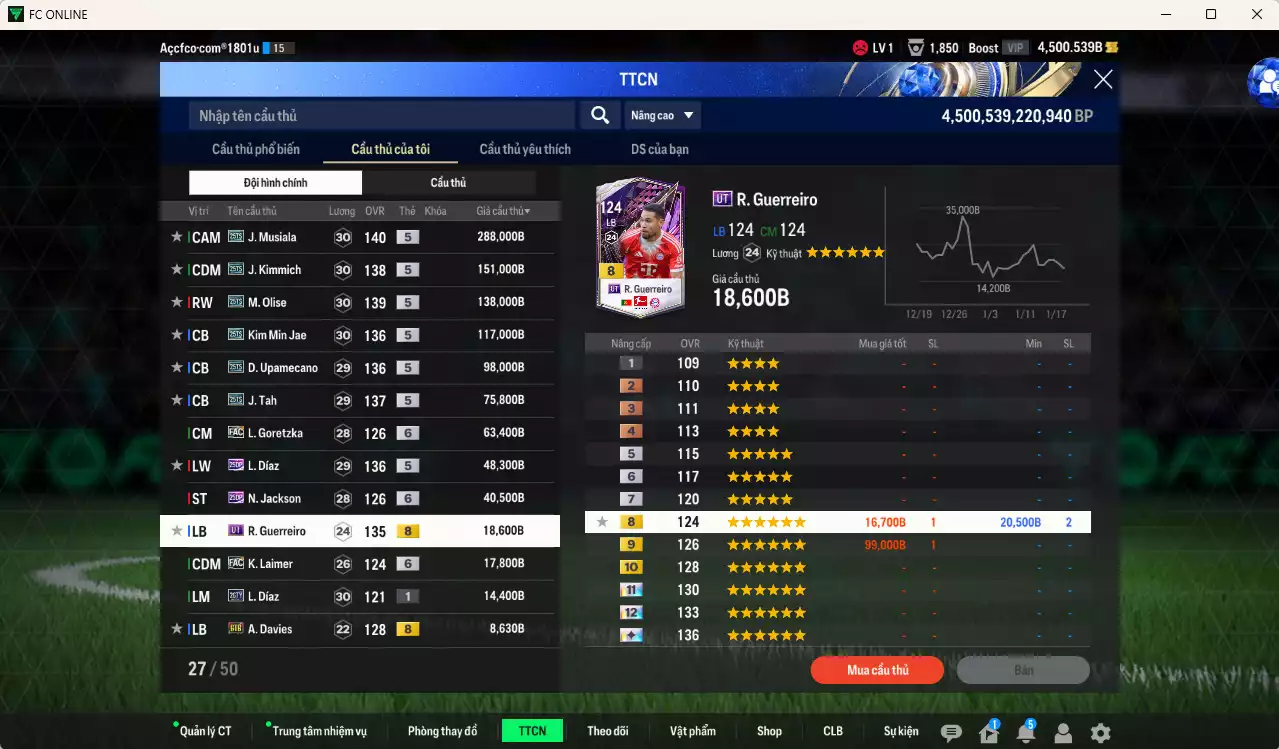 Ảnh Bayern Munich 1.419.620b có Kane 25TS, Musiala 25TS, Kimmich 25TS, Olise 25TS, Kim Min Jae 25TS, Upamecano 25TS, Tah 25TS, Goretzka FC+6, Díaz 25DP, Jackson 25DP...