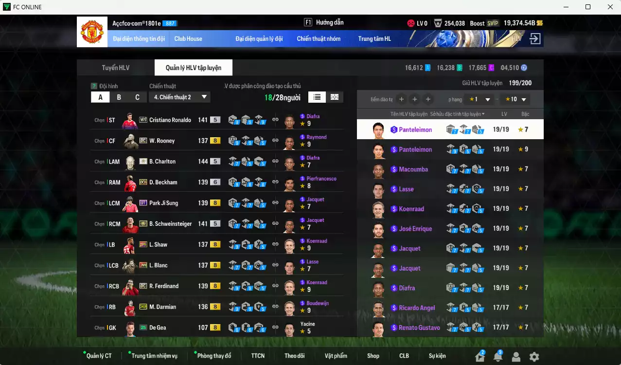 Ảnh Man Utd. 7.926.610b có Charlton ITM+5, CR7 WS, Schweinsteiger ITM+5, Beckham DCB+6, Park UT, Varane BTB, McTominay 25TS, Forlán CC, Ferdinand DC, Darmian 24EP, Cunha 25TS, Rooney DC... Full miniface, còn nhiều thẻ BV NCL. HLV Xịn, đẫ full đào tạo chỉ số cầu thủ vs gần full đào tạo chiến thuật