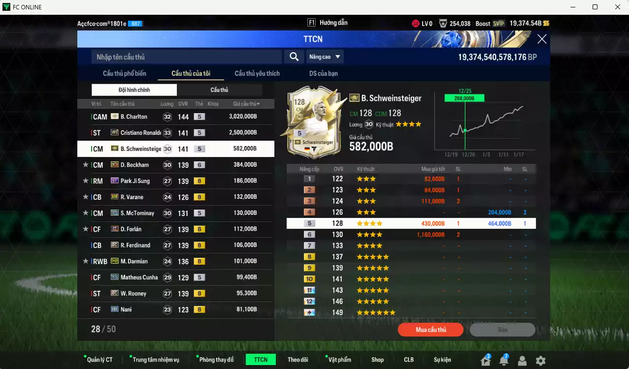 Ảnh Man Utd. 7.926.610b có Charlton ITM+5, CR7 WS, Schweinsteiger ITM+5, Beckham DCB+6, Park UT, Varane BTB, McTominay 25TS, Forlán CC, Ferdinand DC, Darmian 24EP, Cunha 25TS, Rooney DC... Full miniface, còn nhiều thẻ BV NCL. HLV Xịn, đẫ full đào tạo chỉ số cầu thủ vs gần full đào tạo chiến thuật