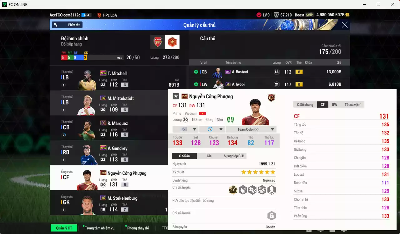 Ảnh [Tặng 1160coin TM vs Công Phượng PRM] ACC 4980050b trắng, có thẻ đổi tên, full miniface. HLV Siêu Xịn, dư 280k TC