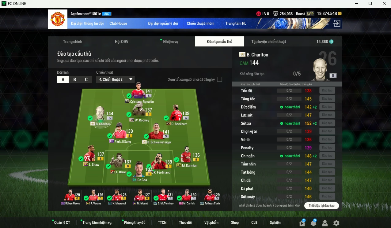 Ảnh Man Utd. 7.926.610b có Charlton ITM+5, CR7 WS, Schweinsteiger ITM+5, Beckham DCB+6, Park UT, Varane BTB, McTominay 25TS, Forlán CC, Ferdinand DC, Darmian 24EP, Cunha 25TS, Rooney DC... Full miniface, còn nhiều thẻ BV NCL. HLV Xịn, đẫ full đào tạo chỉ số cầu thủ vs gần full đào tạo chiến thuật