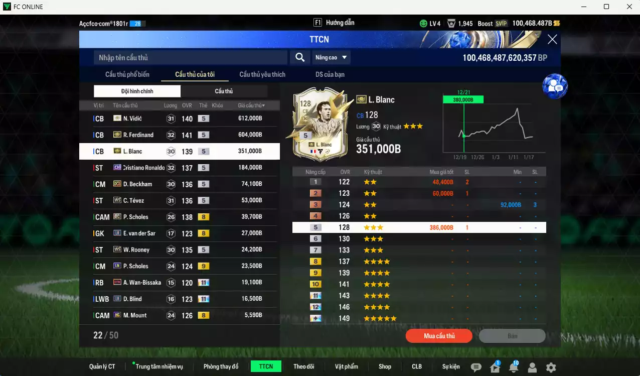 Ảnh [Tặng 100FC] Man Utd. 2.040.980b dư 100kb có Ferdinand ITM+5, Vidic ITM+5, Blanc ITM+5, CR7 CH, Beckham DCB, Tévez WS, Scholes DC, Rooney WS...