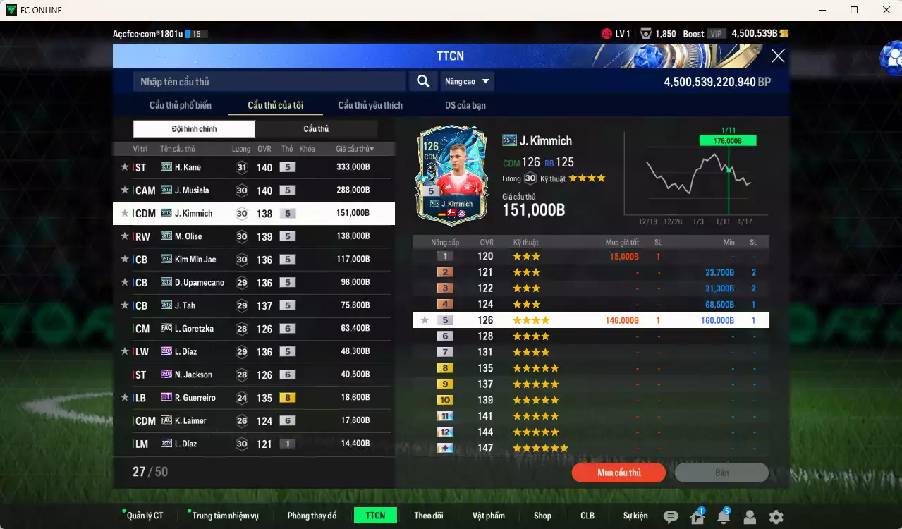 Ảnh Bayern Munich 1.419.620b có Kane 25TS, Musiala 25TS, Kimmich 25TS, Olise 25TS, Kim Min Jae 25TS, Upamecano 25TS, Tah 25TS, Goretzka FC+6, Díaz 25DP, Jackson 25DP...