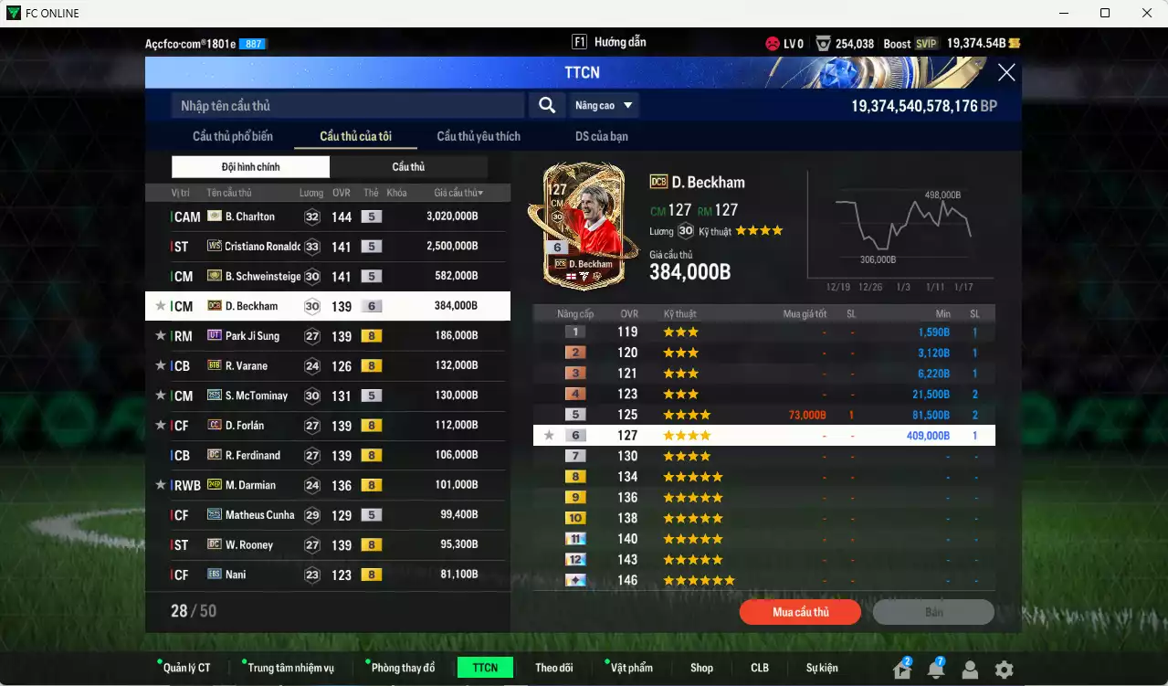 Ảnh Man Utd. 7.926.610b có Charlton ITM+5, CR7 WS, Schweinsteiger ITM+5, Beckham DCB+6, Park UT, Varane BTB, McTominay 25TS, Forlán CC, Ferdinand DC, Darmian 24EP, Cunha 25TS, Rooney DC... Full miniface, còn nhiều thẻ BV NCL. HLV Xịn, đẫ full đào tạo chỉ số cầu thủ vs gần full đào tạo chiến thuật