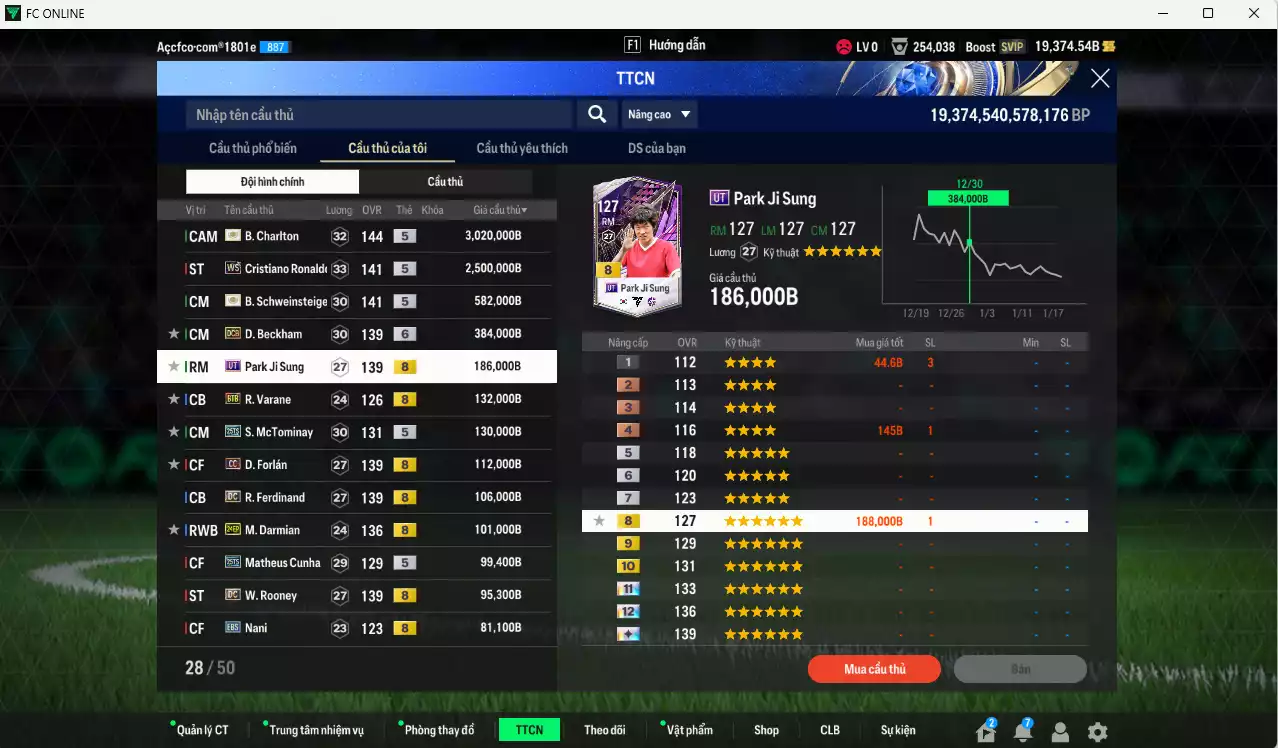 Ảnh Man Utd. 7.926.610b có Charlton ITM+5, CR7 WS, Schweinsteiger ITM+5, Beckham DCB+6, Park UT, Varane BTB, McTominay 25TS, Forlán CC, Ferdinand DC, Darmian 24EP, Cunha 25TS, Rooney DC... Full miniface, còn nhiều thẻ BV NCL. HLV Xịn, đẫ full đào tạo chỉ số cầu thủ vs gần full đào tạo chiến thuật