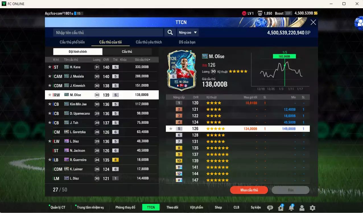 Ảnh Bayern Munich 1.419.620b có Kane 25TS, Musiala 25TS, Kimmich 25TS, Olise 25TS, Kim Min Jae 25TS, Upamecano 25TS, Tah 25TS, Goretzka FC+6, Díaz 25DP, Jackson 25DP...