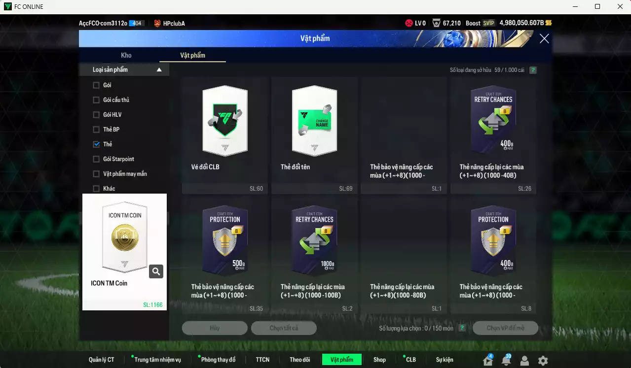 Ảnh [Tặng 1160coin TM vs Công Phượng PRM] ACC 4980050b trắng, có thẻ đổi tên, full miniface. HLV Siêu Xịn, dư 280k TC