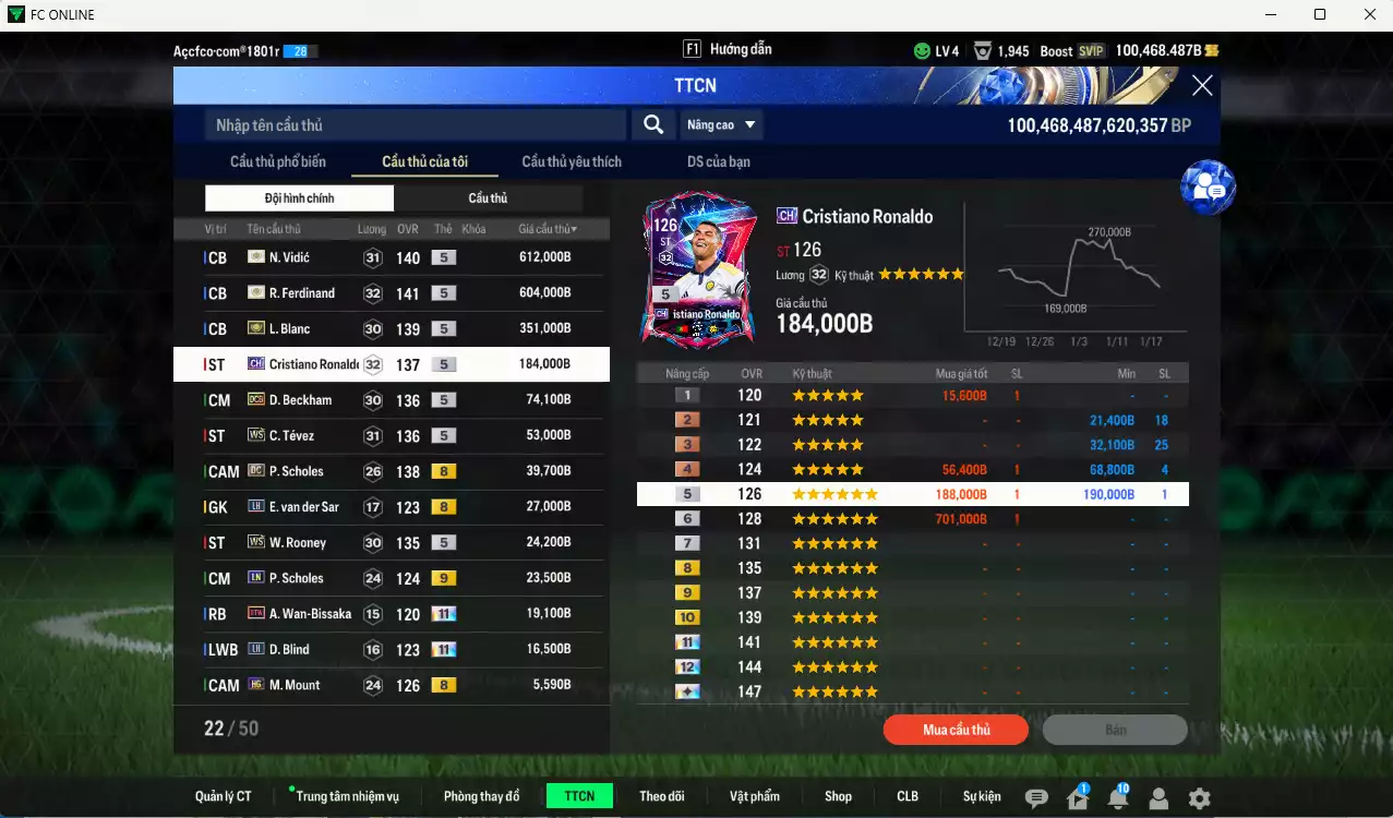 Ảnh [Tặng 100FC] Man Utd. 2.040.980b dư 100kb có Ferdinand ITM+5, Vidic ITM+5, Blanc ITM+5, CR7 CH, Beckham DCB, Tévez WS, Scholes DC, Rooney WS...