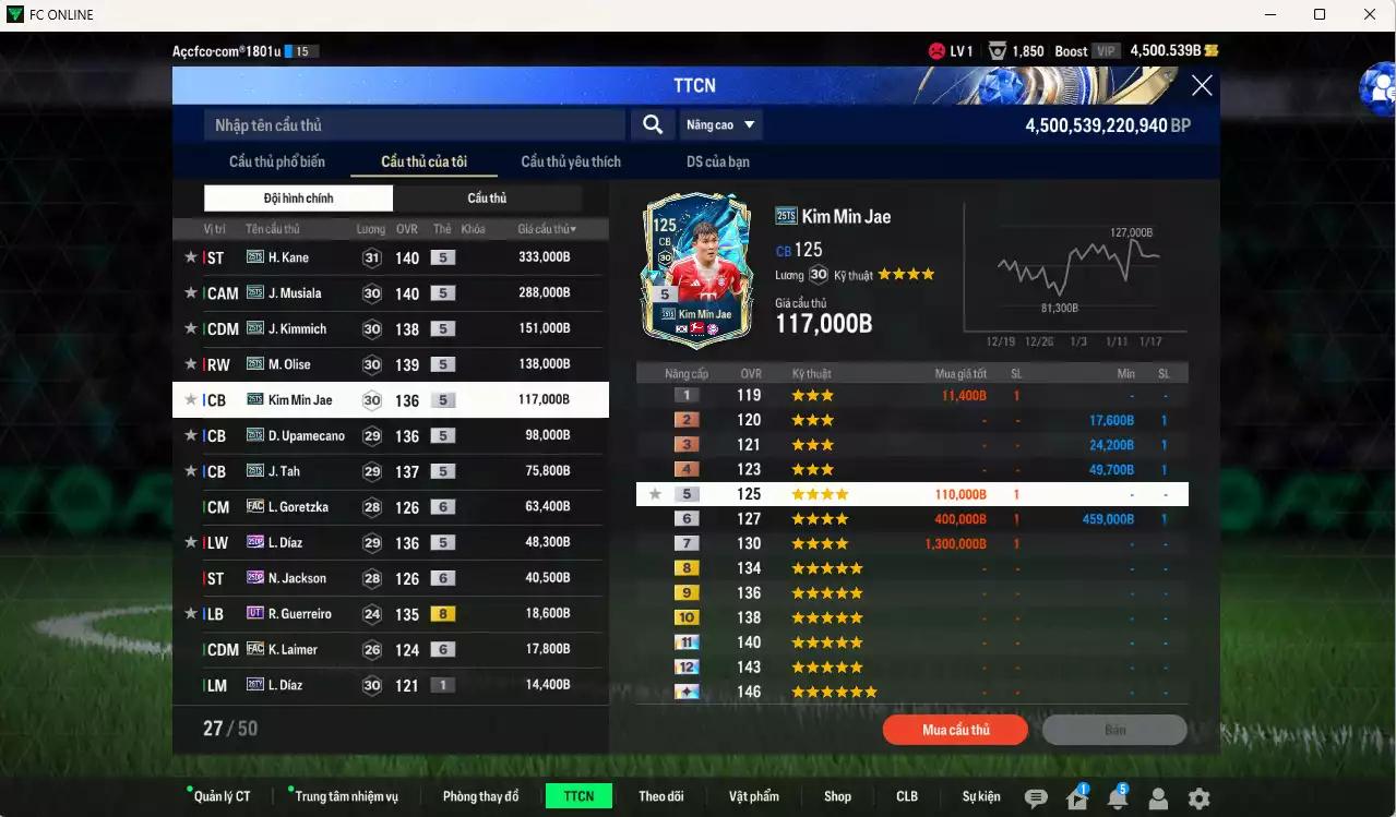 Ảnh Bayern Munich 1.419.620b có Kane 25TS, Musiala 25TS, Kimmich 25TS, Olise 25TS, Kim Min Jae 25TS, Upamecano 25TS, Tah 25TS, Goretzka FC+6, Díaz 25DP, Jackson 25DP...