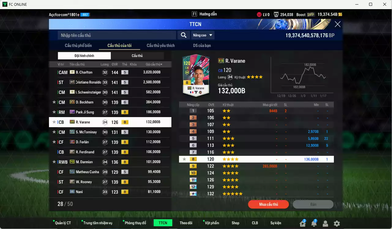 Ảnh Man Utd. 7.926.610b có Charlton ITM+5, CR7 WS, Schweinsteiger ITM+5, Beckham DCB+6, Park UT, Varane BTB, McTominay 25TS, Forlán CC, Ferdinand DC, Darmian 24EP, Cunha 25TS, Rooney DC... Full miniface, còn nhiều thẻ BV NCL. HLV Xịn, đẫ full đào tạo chỉ số cầu thủ vs gần full đào tạo chiến thuật