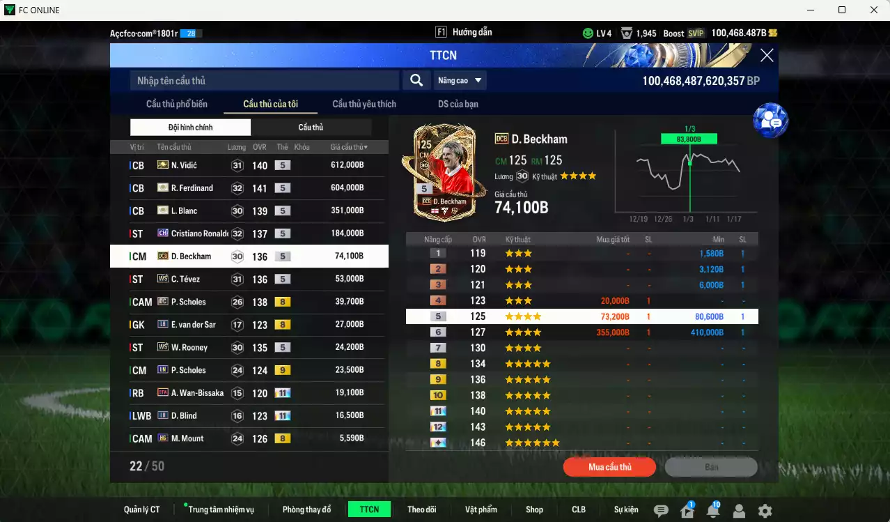 Ảnh [Tặng 100FC] Man Utd. 2.040.980b dư 100kb có Ferdinand ITM+5, Vidic ITM+5, Blanc ITM+5, CR7 CH, Beckham DCB, Tévez WS, Scholes DC, Rooney WS...