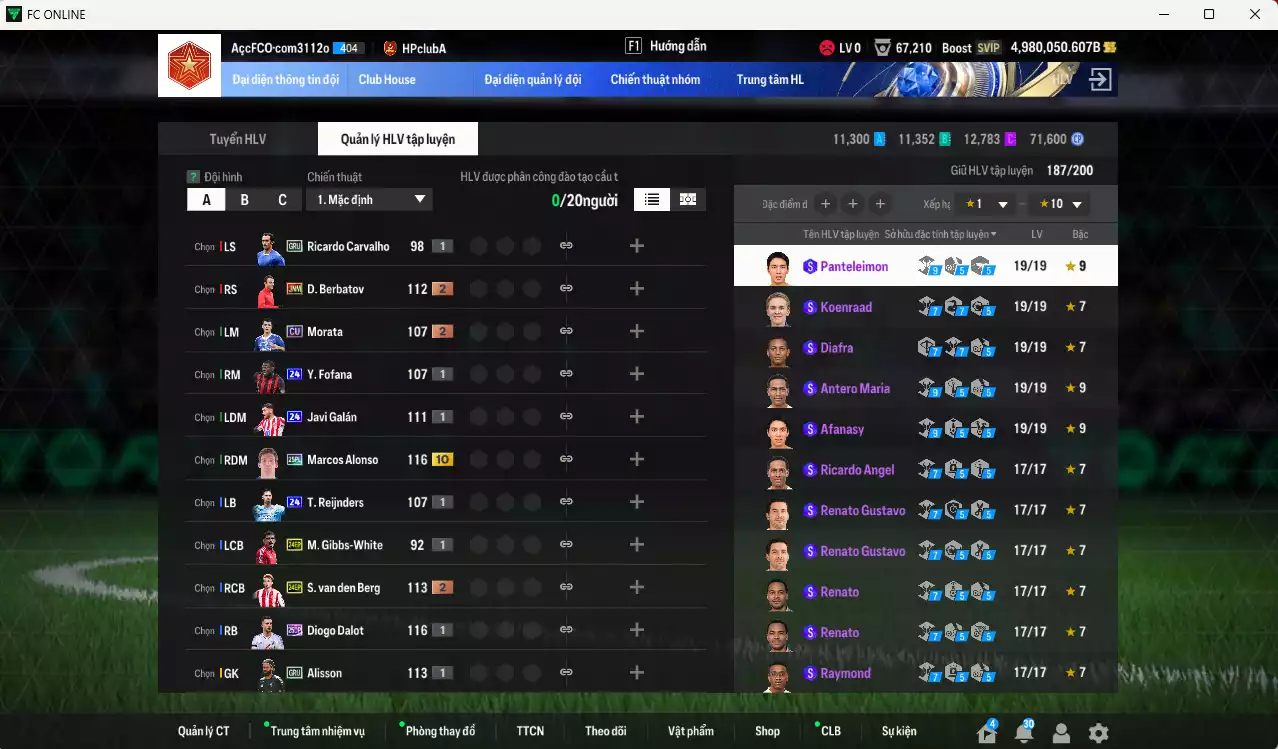 Ảnh [Tặng 1160coin TM vs Công Phượng PRM] ACC 4980050b trắng, có thẻ đổi tên, full miniface. HLV Siêu Xịn, dư 280k TC